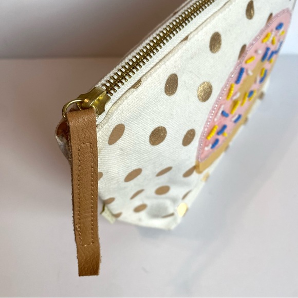 Bow and Drape gold polka dot clutch with donut sequin patch, Like new - Picture 6 of 8